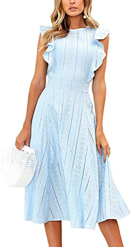 Damen Ärmellos Spitzenkleid Rundhals Strandkleider Abendkleid Cocktailkleider Reißverschluss Knielang A-Linie Kleid Sommerkleider Blau M von Canli4Y