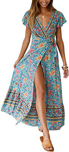 Canil4Y Damen Kurzarm A-Linie Sommerkleid Kleider Boho Blumen Strandkleid V-Ausschnitt Maxikleid Lang mit Schlitz Grün M von Canli4Y