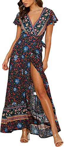 Canil4Y Damen Kurzarm A-Linie Sommerkleid Kleider Boho Blumen Strandkleid V-Ausschnitt Maxikleid Lang mit Schlitz Schwarz Blau M von Canli4Y