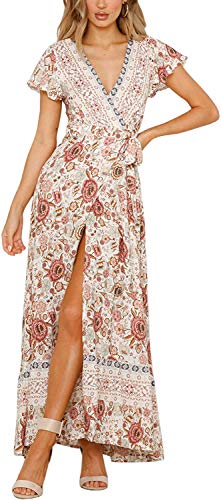 Canil4Y Damen Kurzarm A-Linie Sommerkleid Kleider Boho Blumen Strandkleid V-Ausschnitt Maxikleid Lang mit Schlitz Beige M von Canli4Y