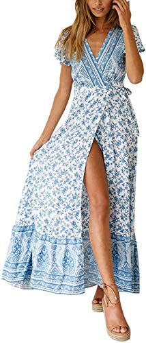 Canil4Y Damen Kurzarm A-Linie Sommerkleid Kleider Boho Blumen Strandkleid V-Ausschnitt Maxikleid Lang mit Schlitz Hellblau S von Canli4Y