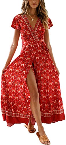 Canil4Y Damen Kurzarm A-Linie Sommerkleid Kleider Boho Blumen Strandkleid V-Ausschnitt Maxikleid Lang mit Schlitz Weinrot M von Canli4Y