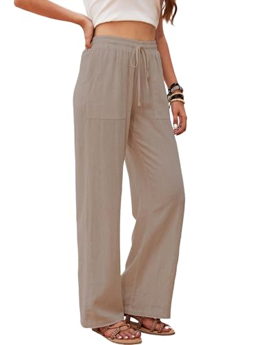 Canli4Y Damen Hosen Sommer Leinen Leicht Casual Leinenhose Freizeithose Weite Leg Hose Sommerhose Hohe Taille mit Tunnelzug und Taschen_Kamel_M von Canli4Y