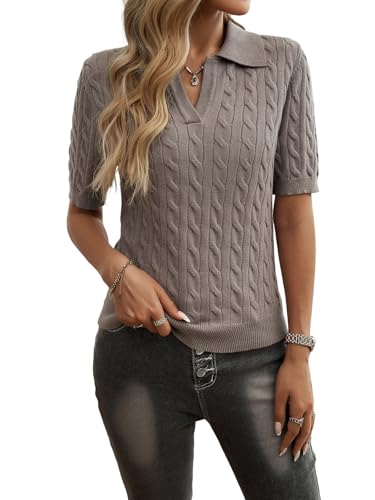 Canli4Y Damen Slim Fit Zopfmuster Kurzarm Strick T-Shirt, Klassisches V-Ausschnitt Polo Oberteil mit Strukturdesign RotGrau L von Canli4Y