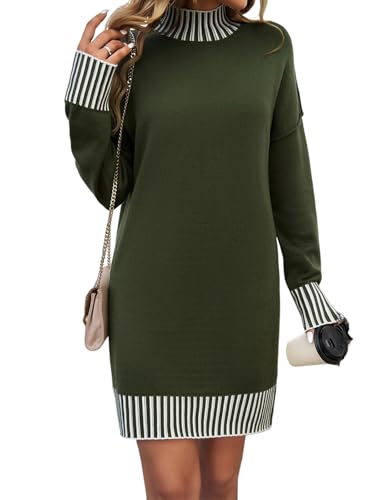 Canli4Y Damen Strickkleid Elegante Herbst Winter Rollkragen Freizeitkleid Lang Farbblock Winterkleid Langarm Pulloverkleid Warmes Kleider ArmeeGrün M von Canli4Y