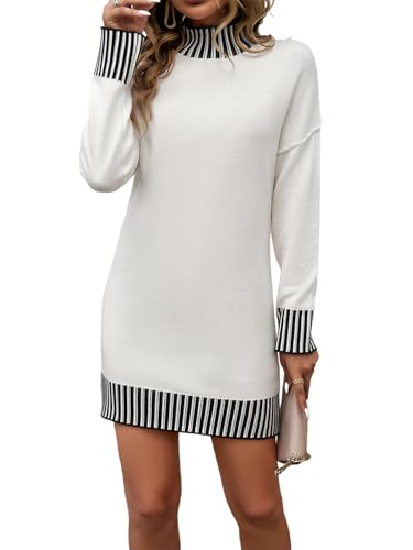 Canli4Y Damen Strickkleid Elegante Herbst Winter Rollkragen Freizeitkleid Lang Farbblock Winterkleid Langarm Pulloverkleid Warmes Kleider Weiß L von Canli4Y
