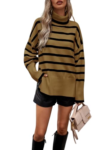Canli4Y Damen Strickpullover Herbst Winter Streifen Rollkragenpullover Langarm Oversize Weich Bequem Klassischer Stil mit Seitenschlitz Braun L von Canli4Y