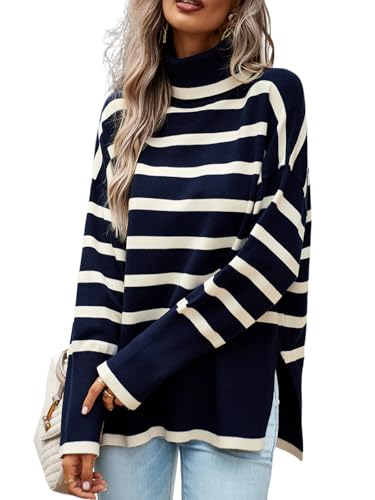 Canli4Y Damen Strickpullover Herbst Winter Streifen Rollkragenpullover Langarm Oversize Weich Bequem Klassischer Stil mit Seitenschlitz Marineblau M von Canli4Y