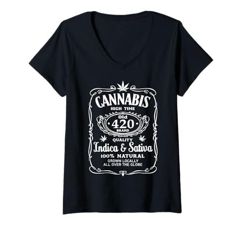 Damen Cannabis High Time Old 420 Qualität Indica & Sativa Weed T-Shirt mit V-Ausschnitt von Cannabis High Time Old 420 Vintage Weed
