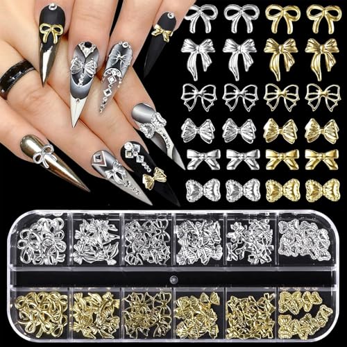 Canollo 1 Boxen Gold Silber Nail Charms, 3D Metall Schleifen Nagelkunst Dekorations, Schleifen Nail Design Gemischt Größe Form Nägel Zubehör, Legierung Nagel Deko, Nagel-DIY-Zubehör für Frauen von Canollo