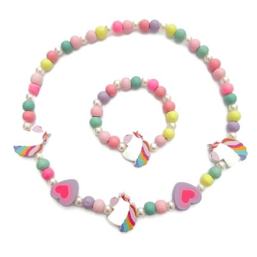 Canollo Kinder Schmuck Set, Einhorn Schmuck Set, Bunte Halskette und Armband Aus Holz, Modisches Armband-Zubehör, Geschenk für Party und Geburtstag, Kinderschmuck Für Kinder Mädche von Canollo