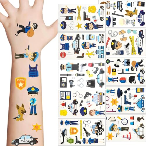 Canollo 10 Blätter Tattoo Polizei für Kinder, Polizei Aufkleber Geburtstag Deko, Wasserdichte Sticker Kinder Tattoos Jungs, Party Deko, Mitgebsel Kindergeburtstag Gastgeschenke von Canollo