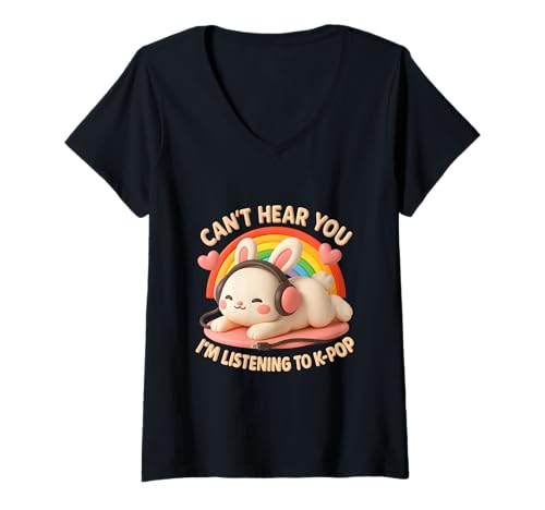 Damen Cant Hear You I'm Listening to K-Pop Bunny Rainbow Kopfhörer T-Shirt mit V-Ausschnitt Damen Cant Hear You I'm Listening to K-Pop Bunny Rainbow Kopfhörer T-Shirt mit V-Ausschnitt von Cant Hear You Im Listening To K-Pop Bunny
