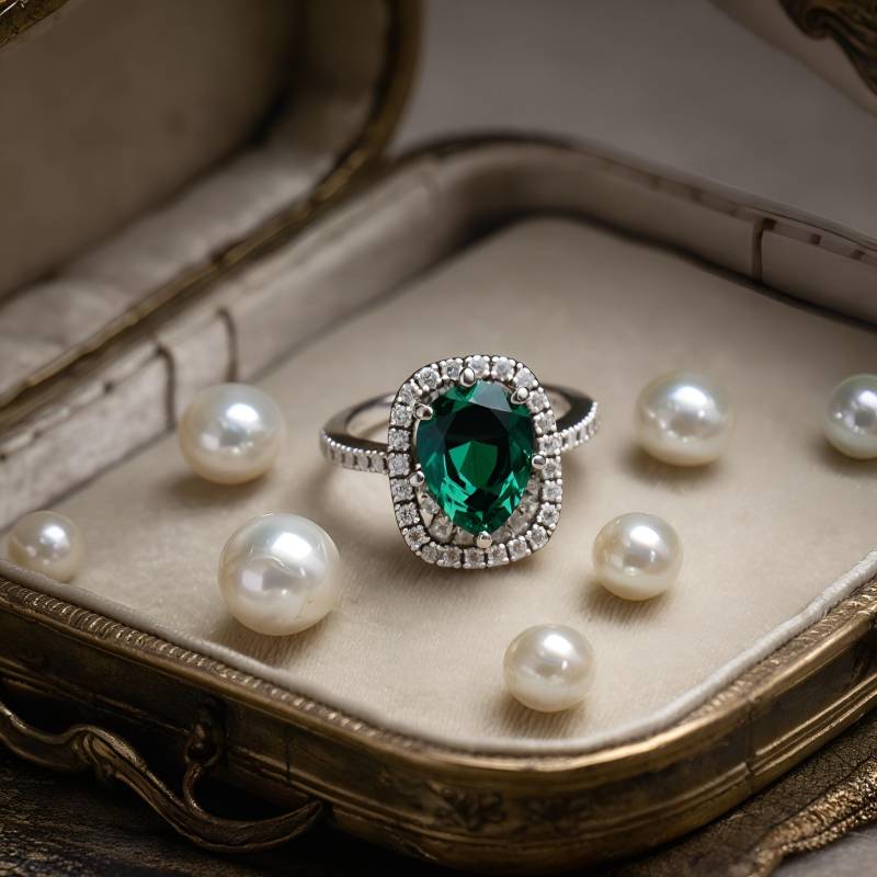 Smaragd-Verlobungsring Aus Sterlingsilber, Ring Mit Grünem Edelstein Und Halo, Smaragdring Im Birnenschliff von Cantemiri