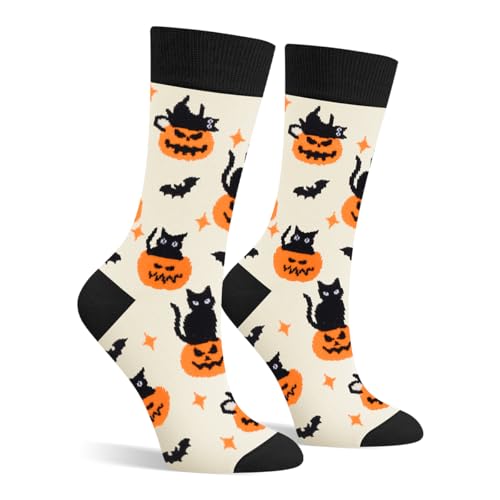 Cantustime Lustige Halloween Socken für Frauen Damen Teenager Mädchen Katze Kürbis Spaß Niedlich Verrückt deko Funky Crew Sockenn – Halloween-Geschenke Strümpfe kostüm von Cantustime