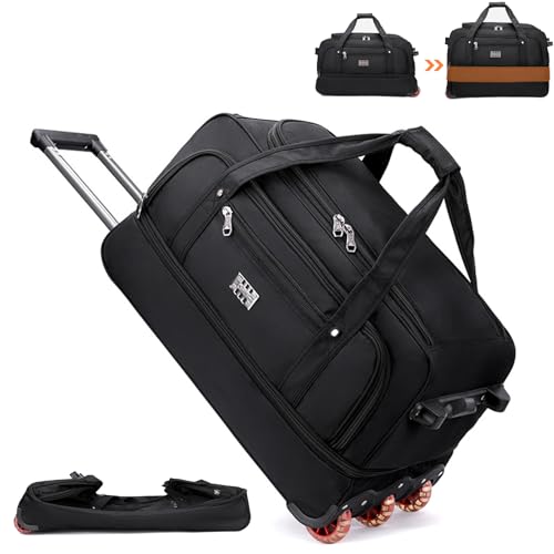 Caossuixin 3-in-1 Reisetasche mit Rollen Groß(Handtaschen+Rucksäcke+Trolley, 3-Rad), 80L Sporttasche mit Rollen, Reisetrolley mit Rollen Dehnfalte Erweiterbar, Damen und Herren Schwarz 3kg von Caossuixin