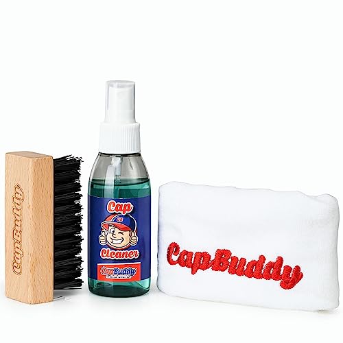 Cap und Sneaker Cleaner um alle Herren Damen und Kinder Basecaps sauber zu kriegen inklusive 100ml biologisch abbaubares Cap Cleaner Spray- Laser gravierte Holz Bürste- und Logo besticktes Tuch von Cap Buddy