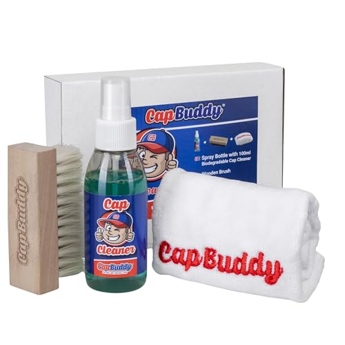 Cap Buddy Basecap Reiniger um alle Herren Damen und Kinder Basecaps sauber zu kriegen inklusive 100ml biologisch abbaubares Cap Cleaner Spray - Laser gravierte Holz Bürste - und Logo Besticktes Tuch von Cap Buddy