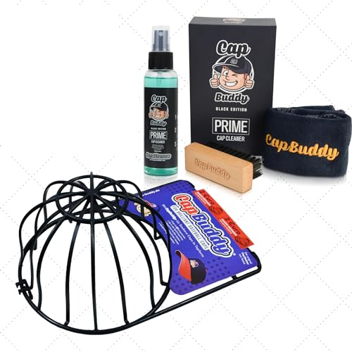 Cap Buddy Cap Cleaner Geschenk Set für Spülmaschine Kappen Reiniger zum Herren Damen Kinder Snapback Trucker Basecap waschen inklusive Spray Bürste und Tuch (Black with Cap Buddy) von Cap Buddy