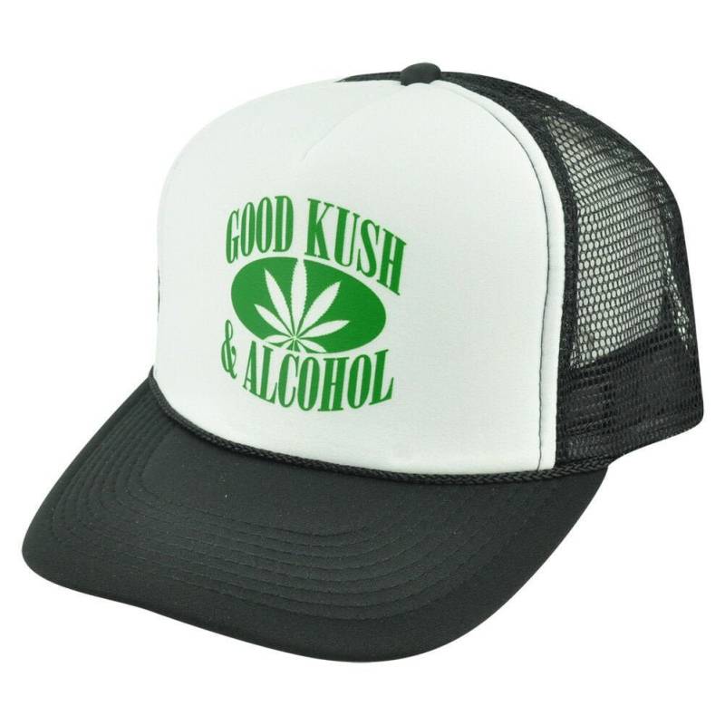 Good Kush & Alkohol Humor Lustige Erwachsene Weiß Schwarz Mesh Trucker Snapback Hat Cap von CapStoreOnline