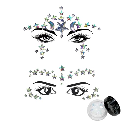 Glitzersteine Gesicht Silber, Steine Gesicht Selbstklebend, Strasssteine Selbstklebend Gesicht mit Glitzer Gesicht, Gesichtstattoo Glitzer Sterne für Frauen Karneval Maskerade Musik Cosplay von Capaneus