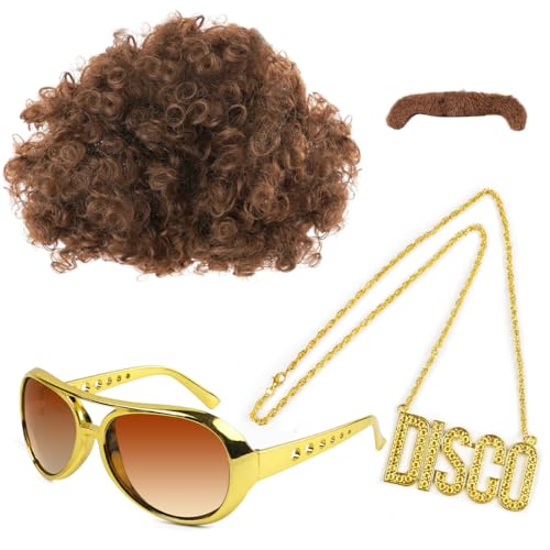Hippie Kostüm Herren, 4 Stück 70's 80's Jahre Karneval Kostüm Herren, Mode Afro Perücke, Halskette, Schnauzbart, Sonnenbrille, Disco Hippie Kostüm Accessoires Set für Karneval, Cosplay, Themen Party von Capaneus