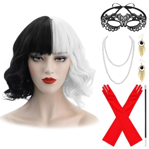 Kostüm Damen Accessoires, Perücke Schwarz Weiß mit Pony, Damen Spitze Maske, Handschuhe Halskette Set, Halb Schwarz Halb Weiß Perücke Damen Kurz Lockig für Karneval, Halloween, Cosplay von Capaneus