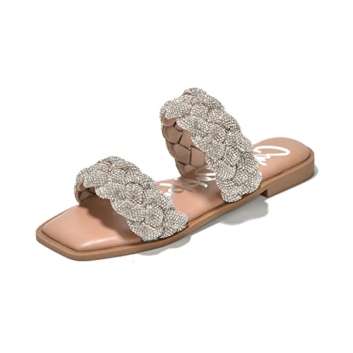 Cape Robbin Mana Geflochtene Sandalen für Damen: flache Strassverzierung mit zwei Riemen, geflochtene Slides, stilvolle geflochtene Riemchensandalen für Frauen, silber, 38.5 EU von Cape Robbin