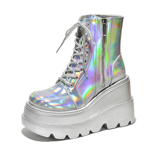 Cape Robbin Radio Holographische Plateau Stiefeletten mit klobigen Blockabsätzen für Frauen, Holografisch, 40.5 EU von Cape Robbin