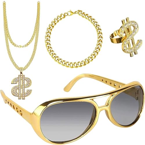 4 Stück Dollar Kette Set, Dollar Zeichen Halskette Ringe Sonnenbrille Goldkette Set, Hip Hop Kostüm Set, Fasching Accessoires, Hiphop Schmuck für 80s/90s Herren Fasching Karneval Party von Capgoost