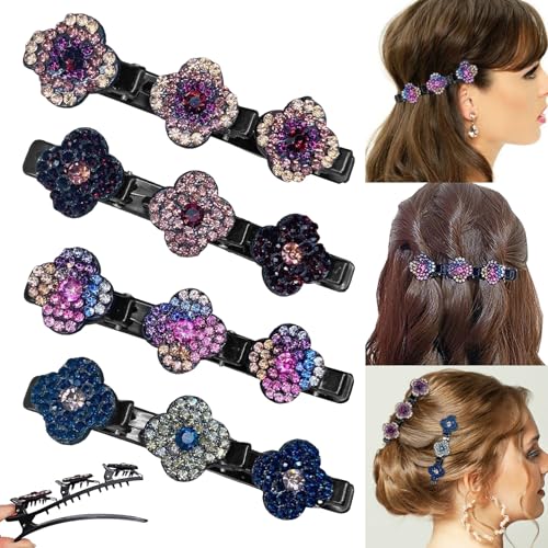 4 Stück Haarspangen Damen, Geflochtene Haarspangen, Doppelschicht Haarklammer mit Glitzernde Kristall-Stein, Haarclips Damen, Haarschmuck Damen, Haarstyling-Clips mit 3 Mini Haarspangen für Damen von Capgoost