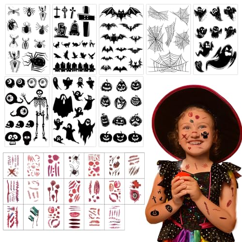 28 Blatt Halloween Tattoo, Halloween Temporäre Tattoos, Narben Tattoo Halloween, Gesichtstattoo für Kinder, Fledermäuse Spinne Geister Muster, Halloween Aufkleber Kinder, Horror Makeup Tattoo von Capgoost