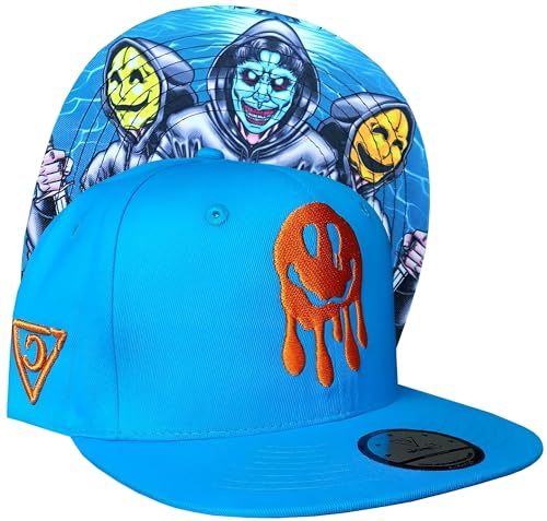 Capiche [99+ Designs] Blauer Snapback Hut für Männer, Smiley Gang, Tattoo Cap, Smiley Gesicht Hut, Emoji Baseballkappe, Gruseliges Kunstwerk, Folklore, Masken von Capiche
