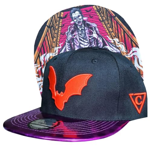 Capiche [99+ Designs] Schwarz Pink Snapback Hut für Männer, The Vampire, Snapcap, Basecap Snapback Herren, Snap Back Cap, Dracula, Gothic Hut, Metallische Rosa Krempe, Fledermaus Logo, Emo, Goth von Capiche