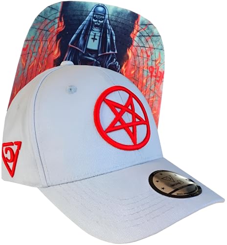 Capiche [99+ Designs] Graue Baseballmütze für Männer, Cursed Nun Curved, Baseball Caps Für Herren, Cappies Für Männer, Cap Spruch, Horror Cap, Gruselige Baseballkappe, Rotes Pentagramm Logo Unheilige von Capiche
