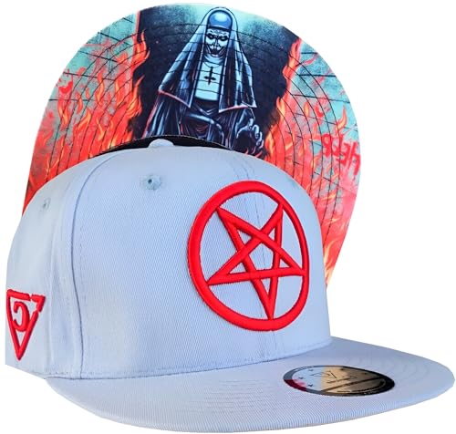 Capiche [99+ Designs] Grauer Snapback Hut für Männer, Cursed Nun, Herren Mütze Winter, Keppie Herren, Cap Herren Gerader Schirm, Horrorfilme, Psycho, Gruselige Baseballkappe, Rotes Pentagramm Logo von Capiche