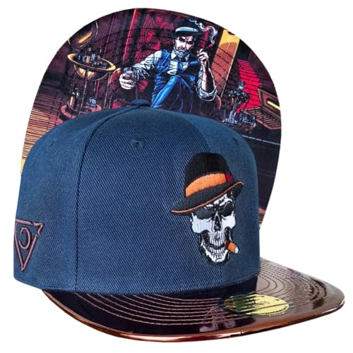 Capiche [99+ Variationen] Cigar Snapback Cap – Blaue Mütze mit gesticktem Smoking-Totenkopf-Logo, brauner metallischer Krempe, Bar-Lounge-Unterschirmkunst, verstellbare für auffällige von Capiche