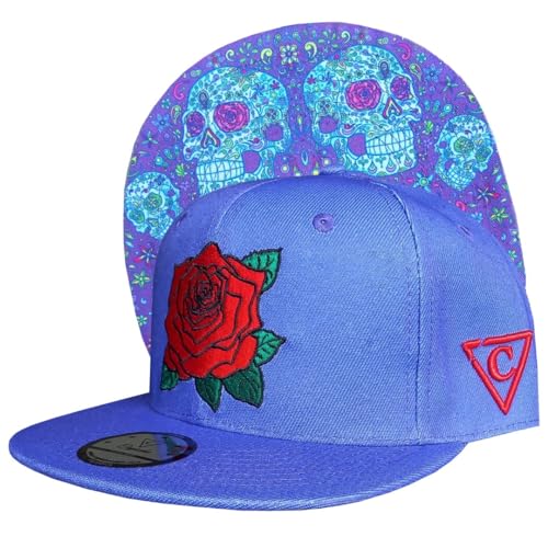 Capiche [99+ Designs] Lila Snapback Hut, Day of The Dead 1 Purple, Snapback Caps Herren, Hut, Coole Herren Cap Snapback, Mexikaner Hut, Totenkopf Design, Blumen Totenkopfkappe, Rotes Rosen Logo von Capiche
