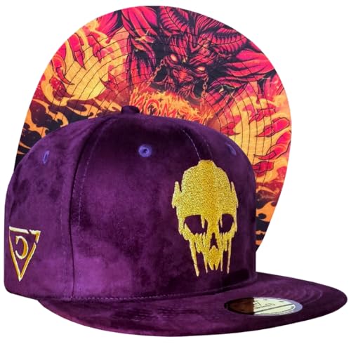 Capiche [99+ Variationen] Demon Wildleder-Snapback-Kappe – tiefviolette Mütze mit goldgesticktem Totenkopf-Logo, feuriges grafisches Untervisier, verstellbare Streetwear-Mütze für mutige Mode von Capiche