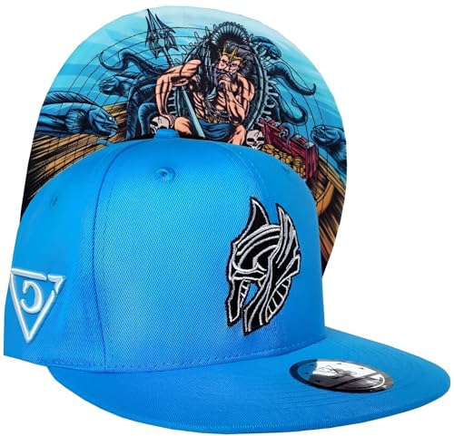 Capiche [99+ Designs] Hellblauer Snapback Hut für Männer, Njord, Nordischer Gott der Meere, Ozean, Nordische Mythologie, Himmelblau, Babyblau, Baseballkappe mit weißem Helm Logo vorne von Capiche