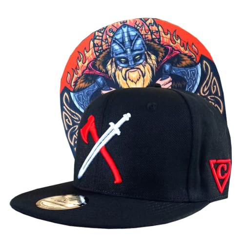 Capiche [99+ Designs] Schwarzer Snapback Hut für Männer, The Viking RW, Kappe Herren, Herren Cap, Kinder Basecap, Vikinger, Wikinger Kappe, Nordische Krieger, Axt und Schwert, LARP von Capiche