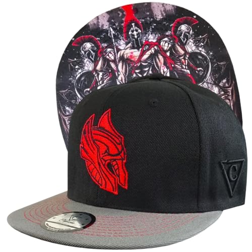 Capiche Schwarze Snapback caps Herren, Titans, Grauer Flachvisier-Baseballcap, Cappy mit rotem Logo, Krieger-Hut, Stark kämpfende Bart, Tattoo Kunstwerk unter Visier, Mittelalterliches Sparta von Capiche