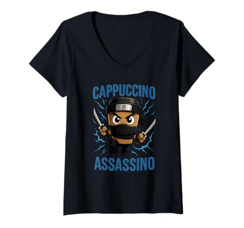 Damen Cappuccino Assassino Brainrot Italienisches Meme T-Shirt mit V-Ausschnitt Damen Cappuccino Assassino Brainrot Italienisches Meme T-Shirt mit V-Ausschnitt von Cappuccino Assassino Brainrot Italian