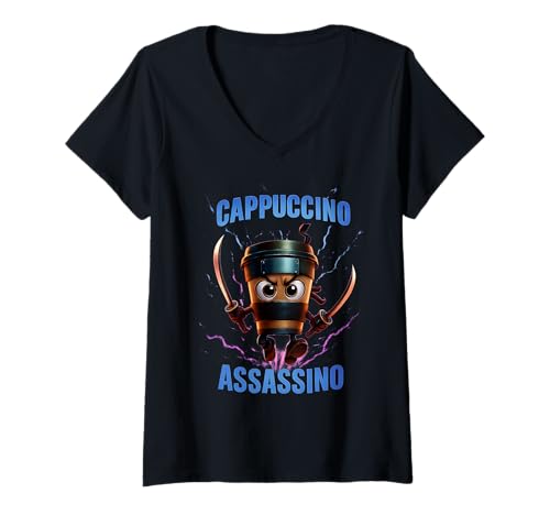 Damen Cappuccino Assassino Brainrot Italienisches Meme T-Shirt mit V-Ausschnitt Damen Cappuccino Assassino Brainrot Italienisches Meme T-Shirt mit V-Ausschnitt von Cappuccino Assassino Brainrot Italian
