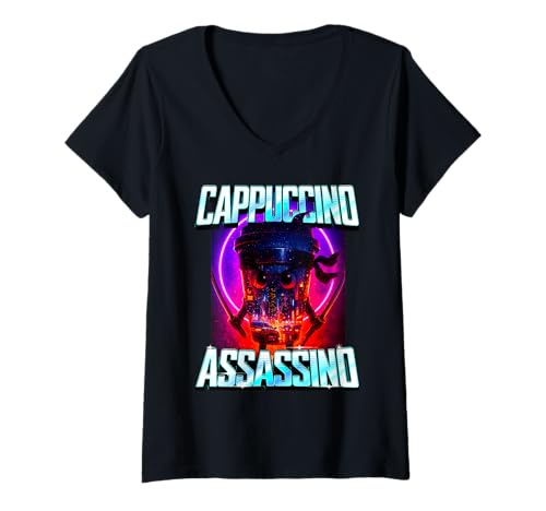 Damen Cappuccino Assassino Italian Brainrot Meme Japanischer Ninja T-Shirt mit V-Ausschnitt Damen Cappuccino Assassino Italian Brainrot Meme Japanischer Ninja T-Shirt mit V-Ausschnitt von Cappuccino Assassino Italian Brainrot Meme Ninjas