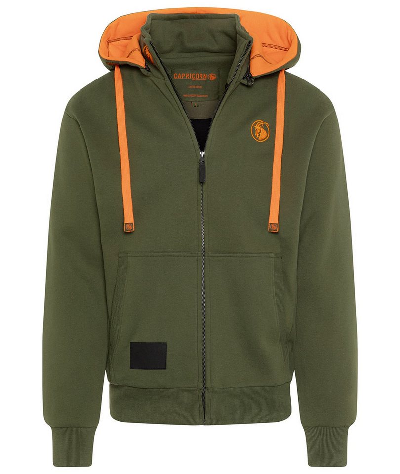 Capricorn Rockwear Kapuzenfleecejacke Kapuzenjacke olivgrün / orange mit abnehmbarer Kapuze abnehmbare Kapuze, Smartphone Tasche von Capricorn Rockwear