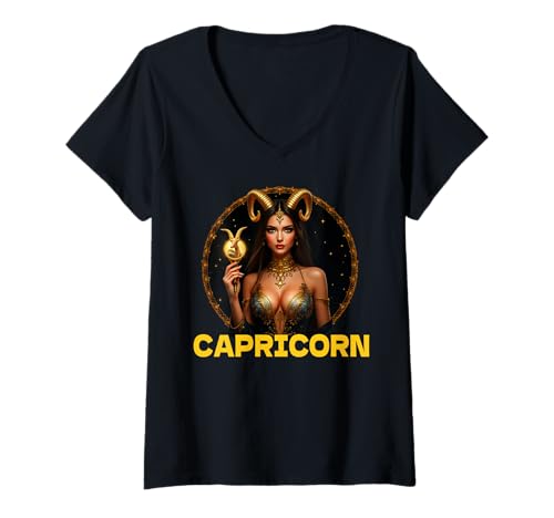 Damen Steinbock-Sternzeichen ermächtigt T-Shirt mit V-Ausschnitt Damen Steinbock-Sternzeichen ermächtigt T-Shirt mit V-Ausschnitt von Capricorn Zodiac Sign Goddess Art Apparel