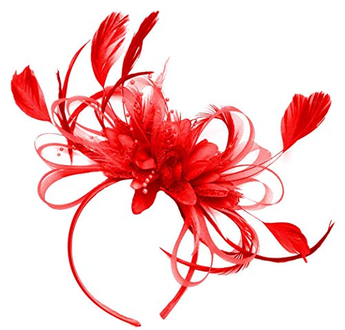 Fascinator mit Haarreifen und Netz/Feder für Hochzeit/Pferderennen, Rot von Caprilite Fashion