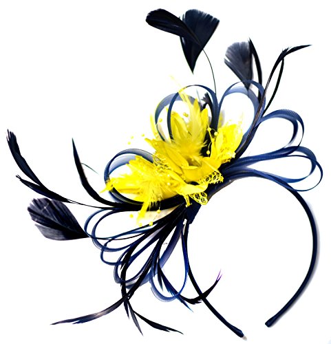 Caprilite Fascinator / Fascinator mit Federn, leichtes Netz, Marineblau und Gelb von Caprilite