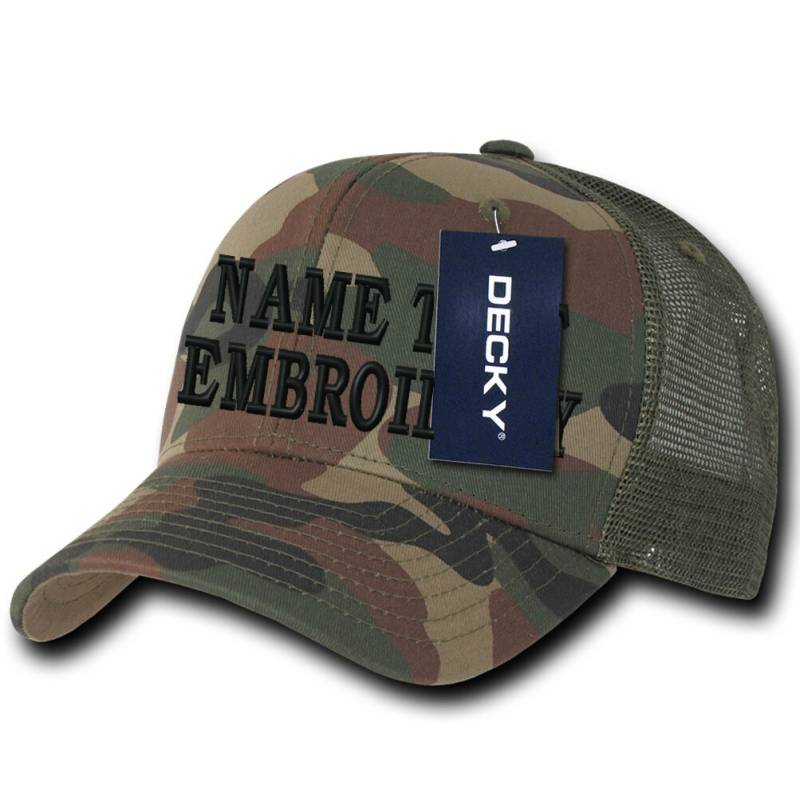 Benutzerdefinierte Stickerei Trucker Mütze Personalisiert Text Name Bestickt Mesh Baseball Snapback Cap 1053 1054 - Woodland Camo Army Grün von Caprobot